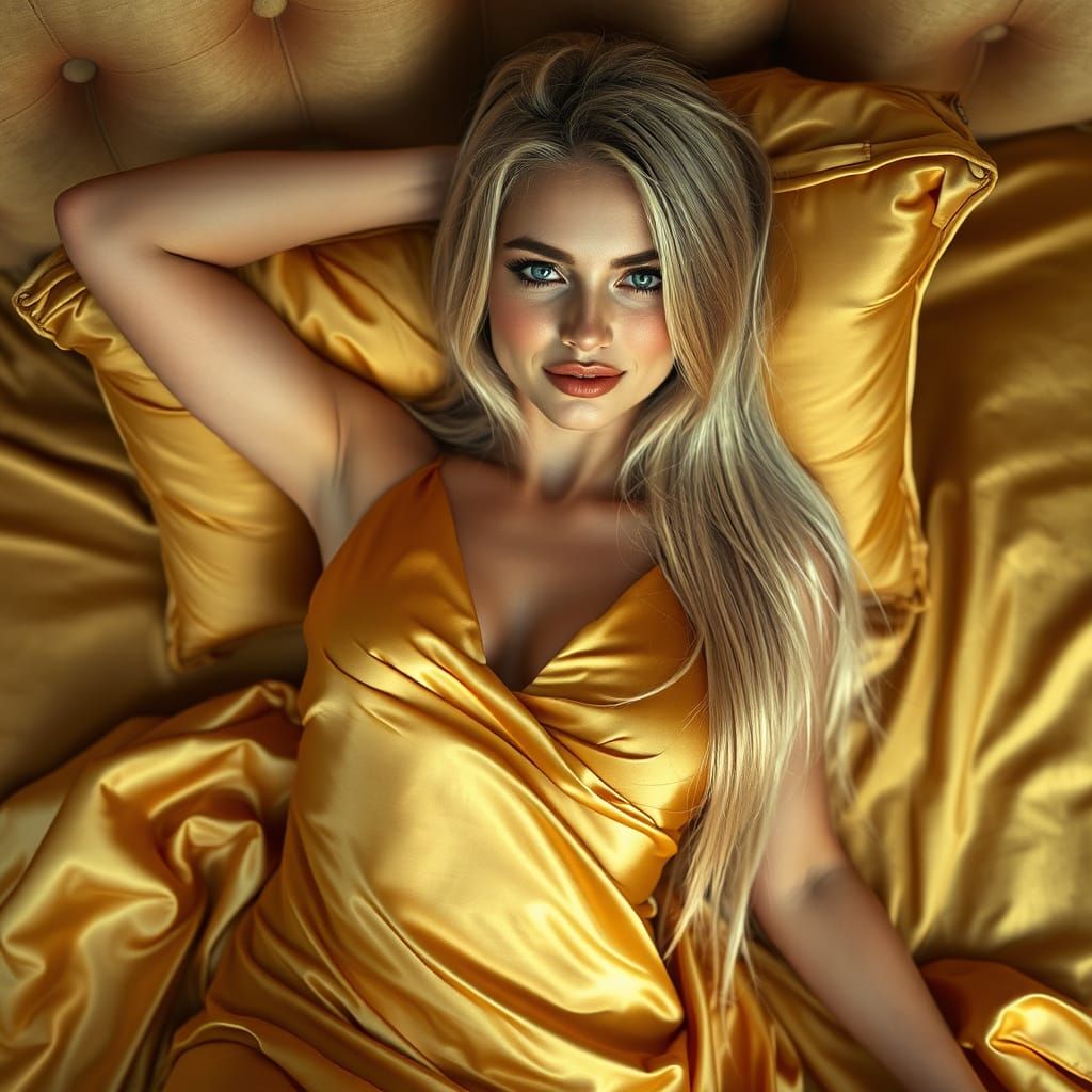 Glamour Model in Gold Satin Lying on Gold Bed