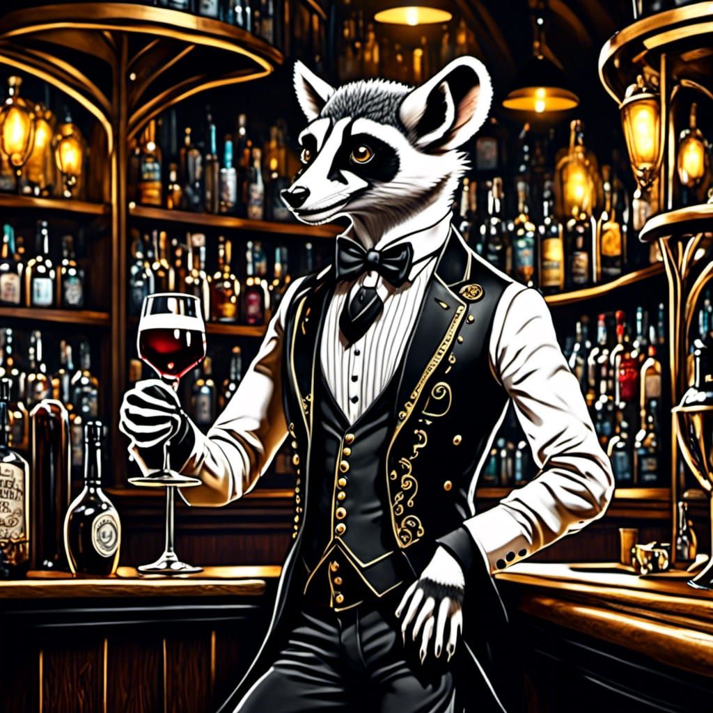 Anthro Lemur Bartender in Fantasy Pub, Detailed Art
