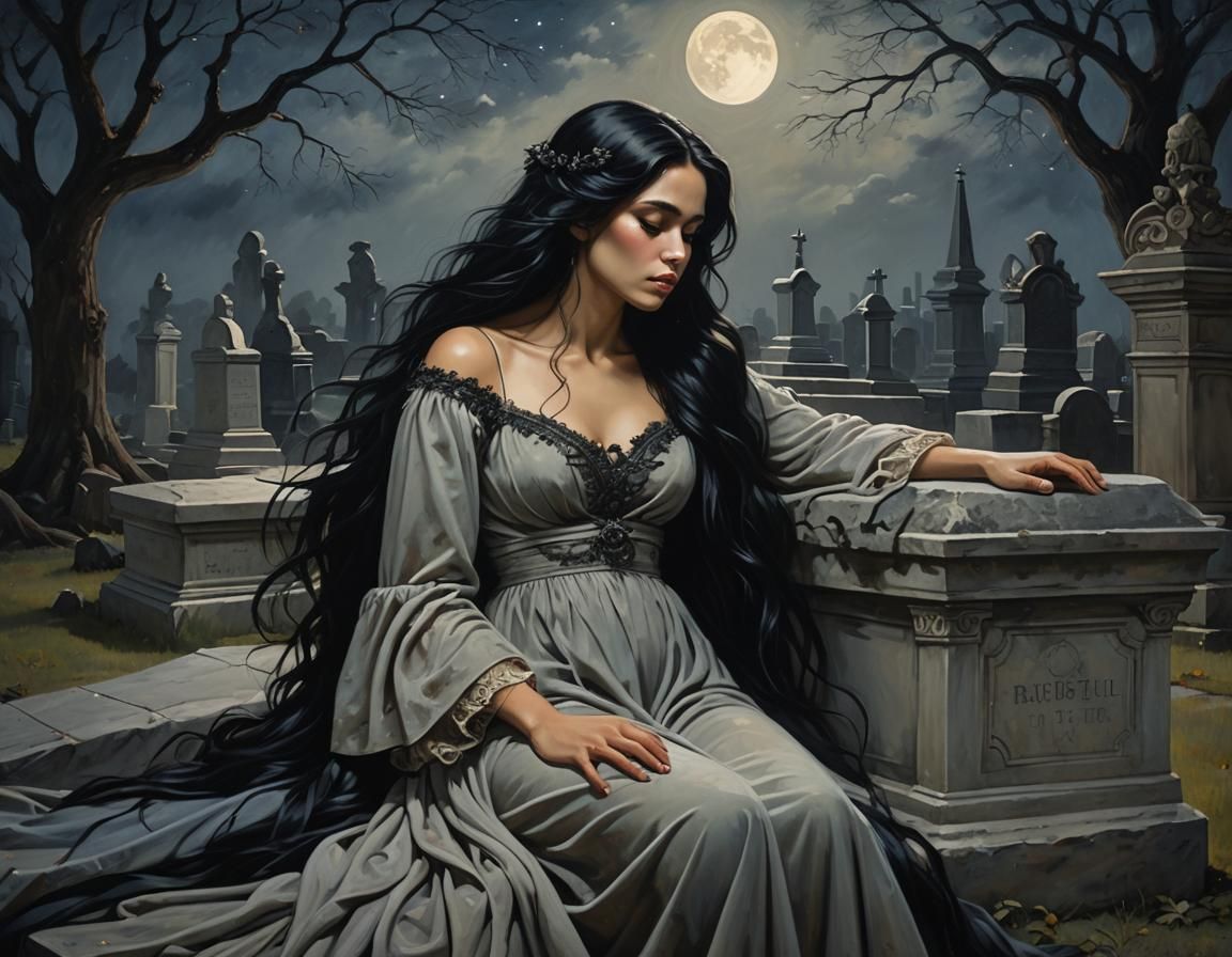 Eerie Cemetery Scene in Dark Oil Painting Style