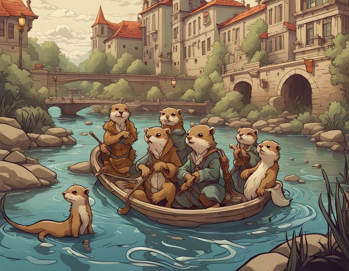 Otterfolk Kindergarten Plays in River, Art Nouveau Style