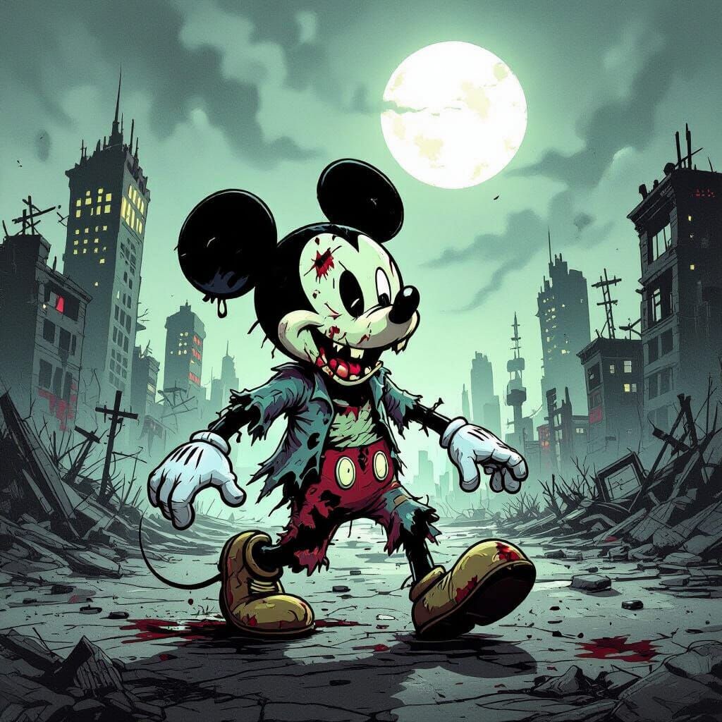 Zombified Mickey Mouse in Post-Apocalyptic City