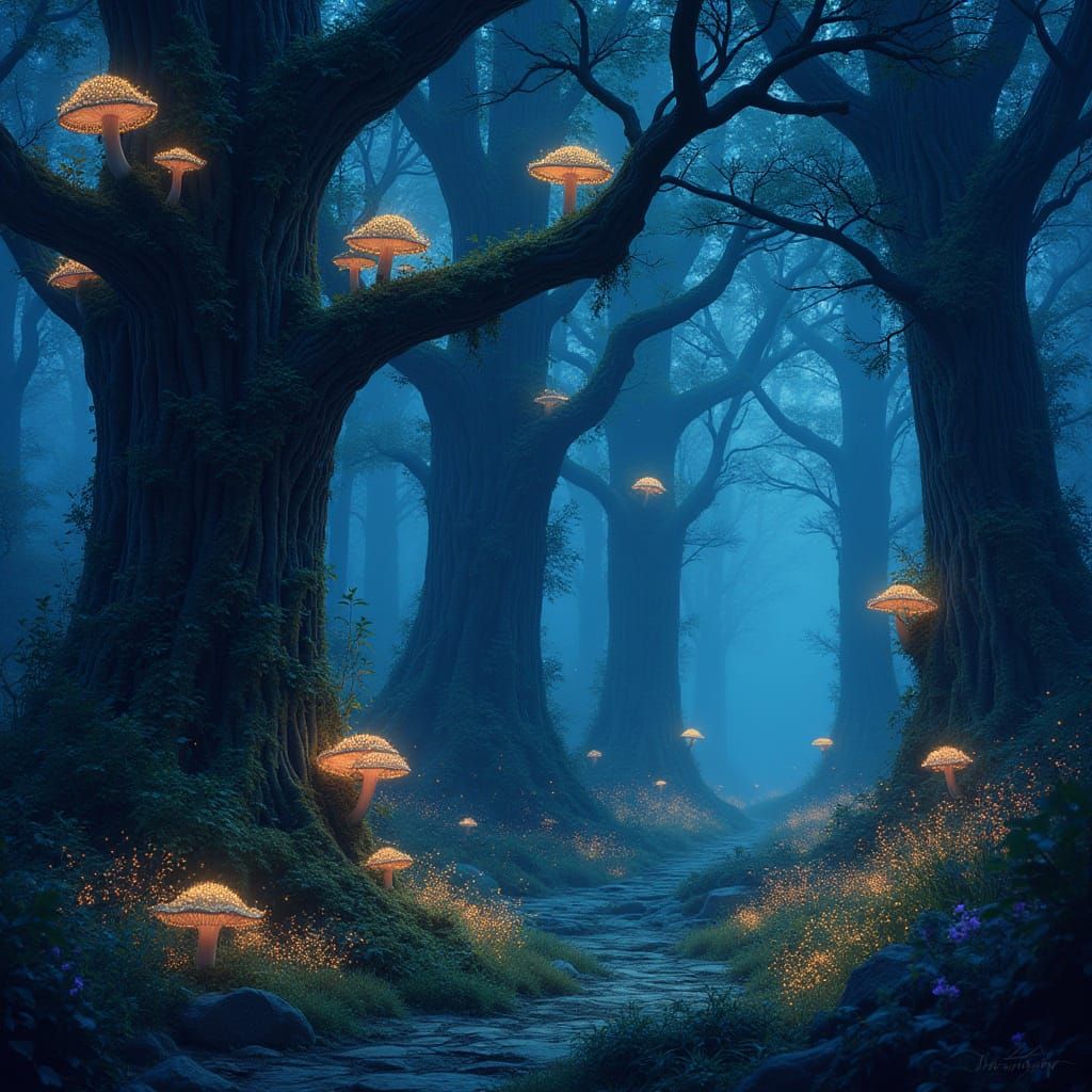Ethereal Bioluminescent Forest at Twilight, Glowing Mushroom...