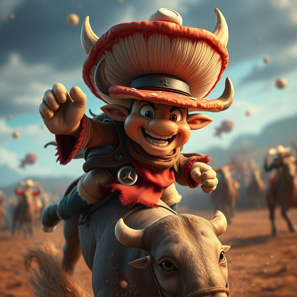 Mushroom Cowboy Rides Bucking Bull in Cartoon Style