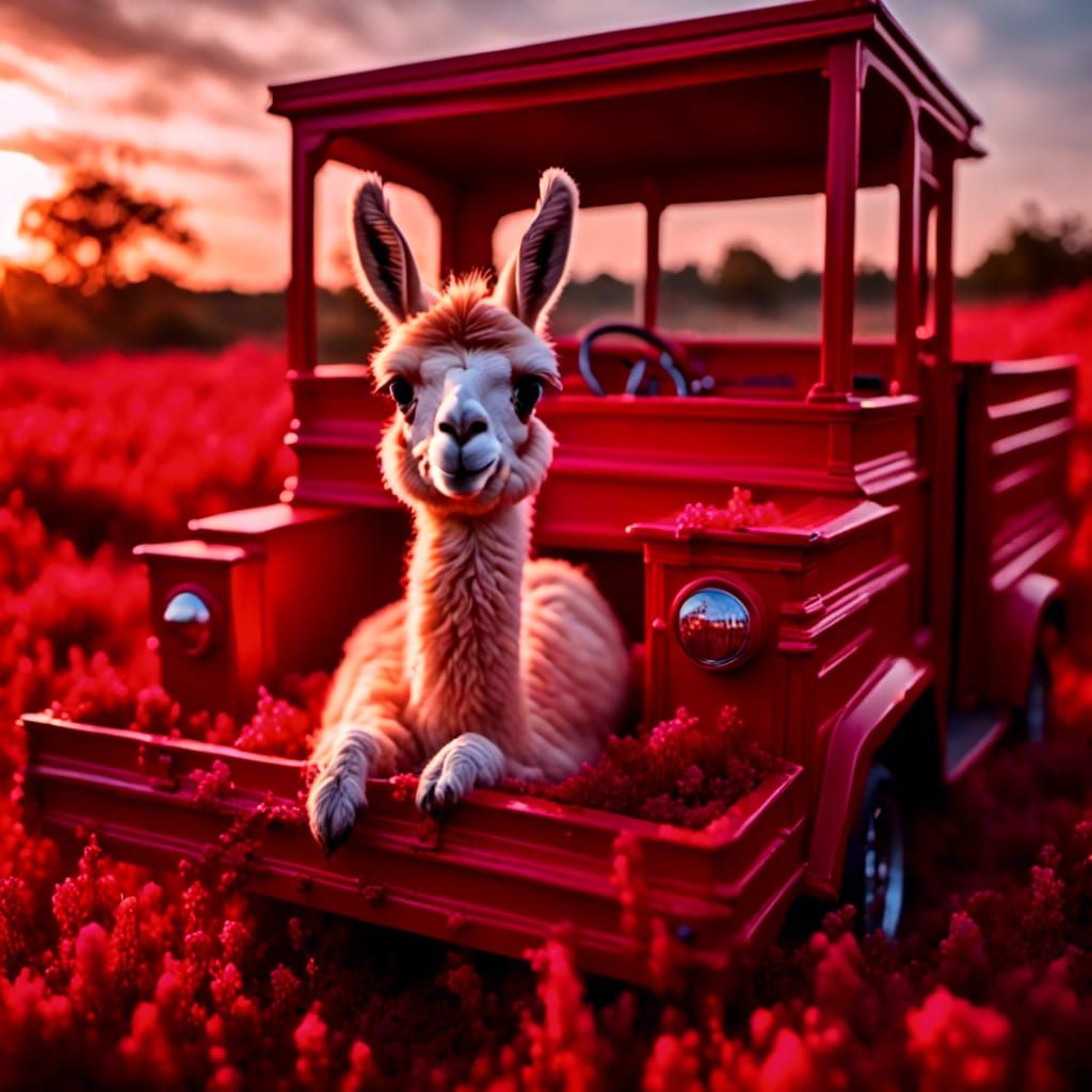Baby Llama in Truck Under Aurora Borealis