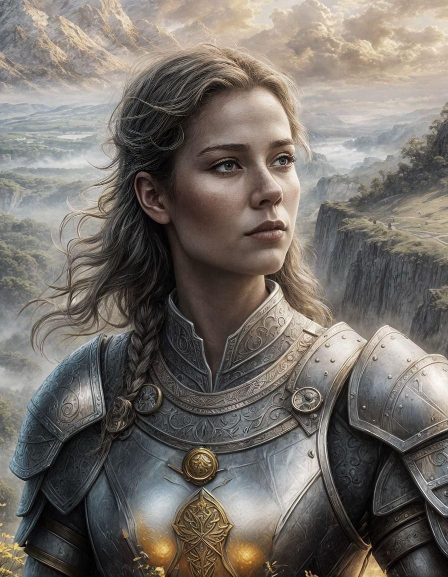 Armored Gray-Skinned Warrior Overlooking Ethereal Fields