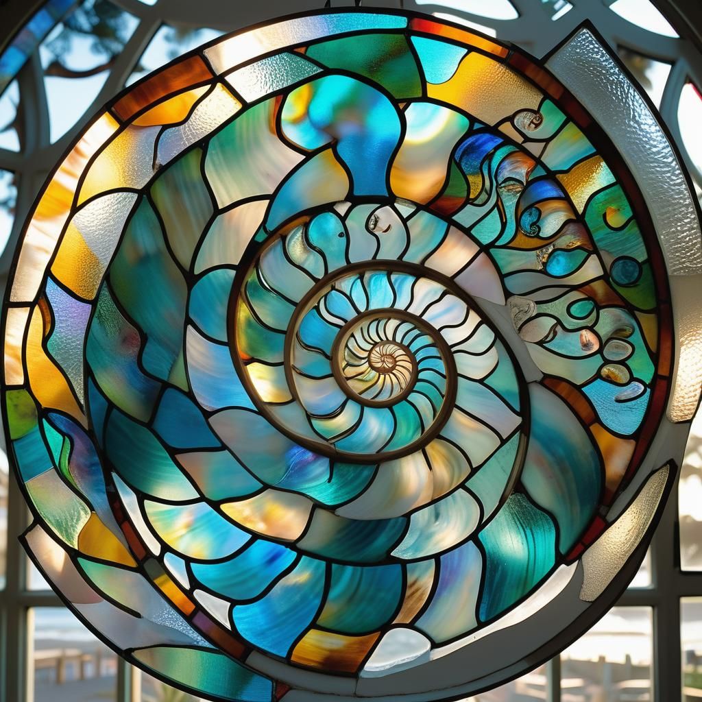 Nautilus Shell Stained Glass Window, Luminous Art
