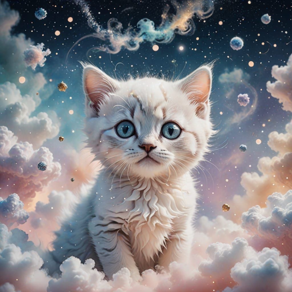 Celestial Kitten Floating in Pastel Dreamscape