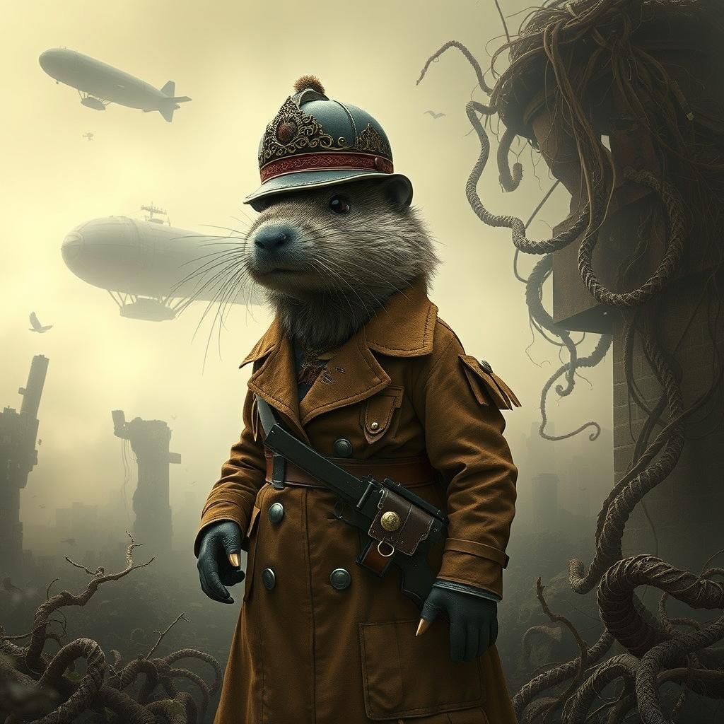 Steampunk Muskrat in War-Torn Landscape