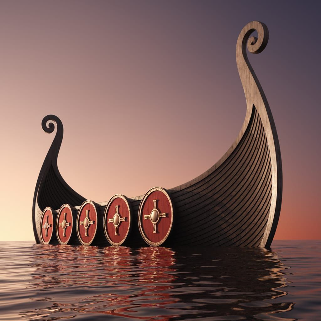 Majestic Viking Longboat in Golden Light with Crosby Red Shi...
