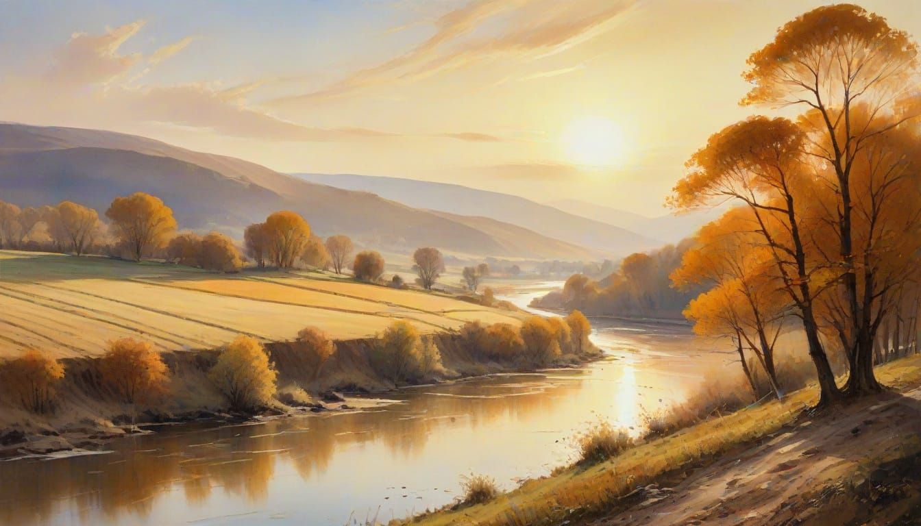 Watercolor Landscape of River in Turner Style