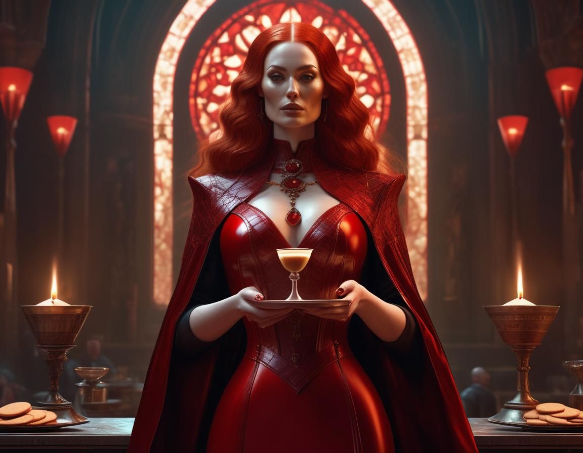 Priest and Woman in Red Latex: Detailed Digital Art