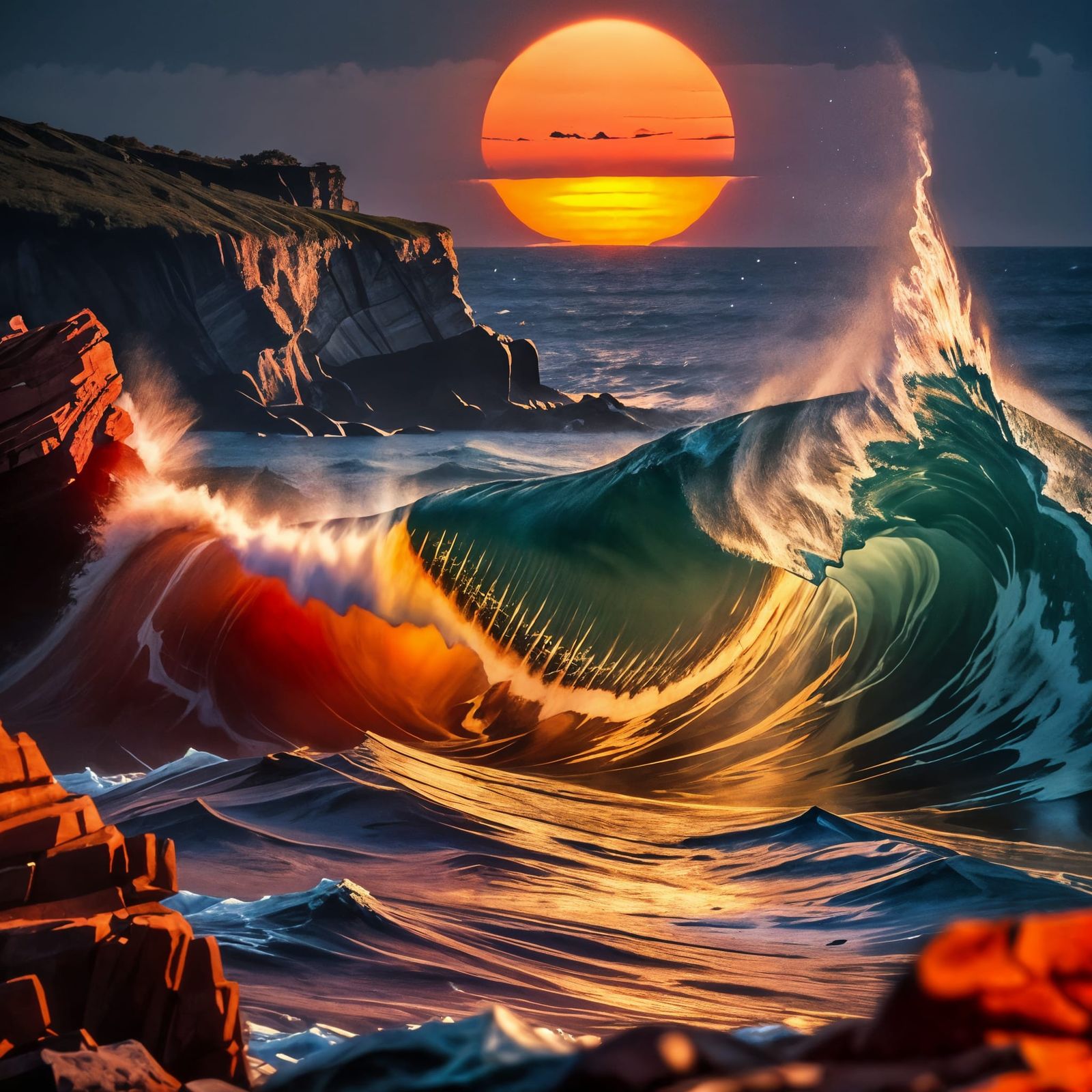 Romantic Sunset Over Water in Baroque Style