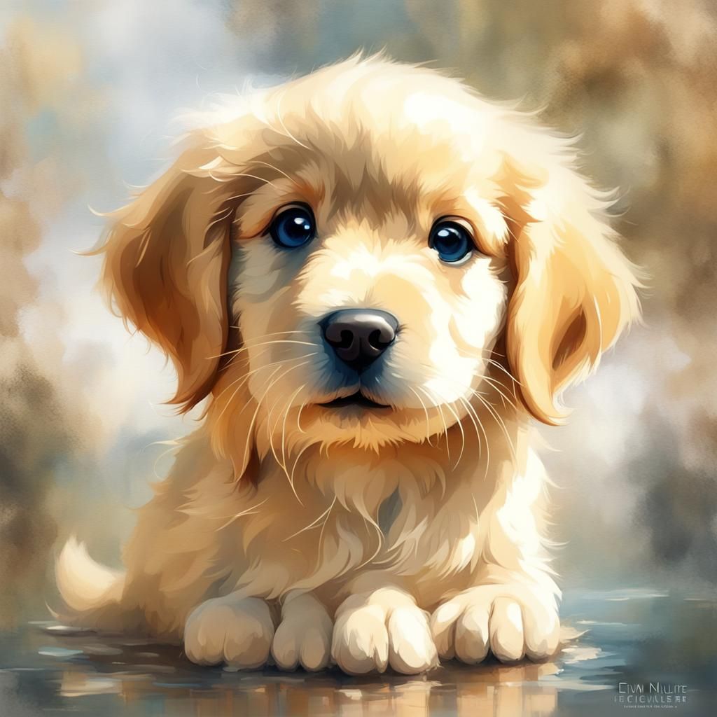 Chibi Golden Retriever Puppy Watercolor Portrait