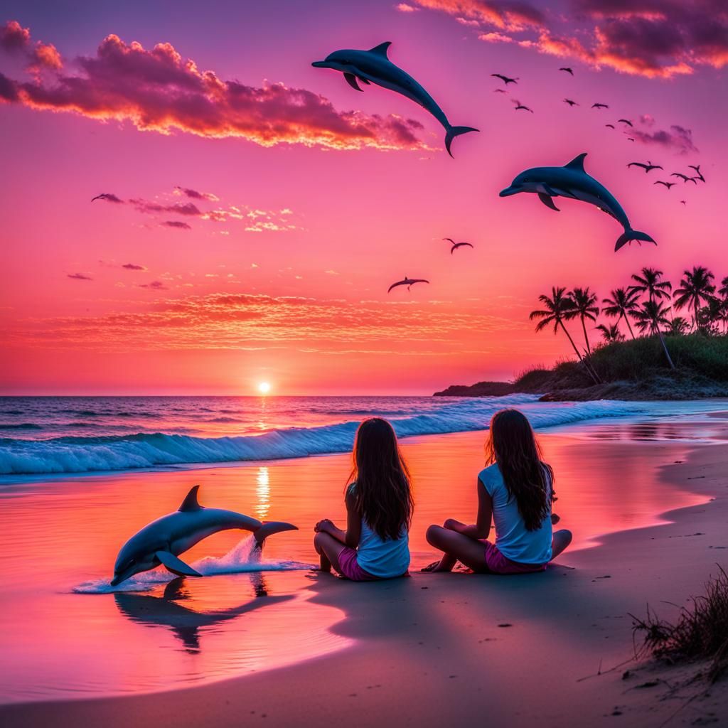 Girls Enjoying Sunset Beach with Jumping Dolphins