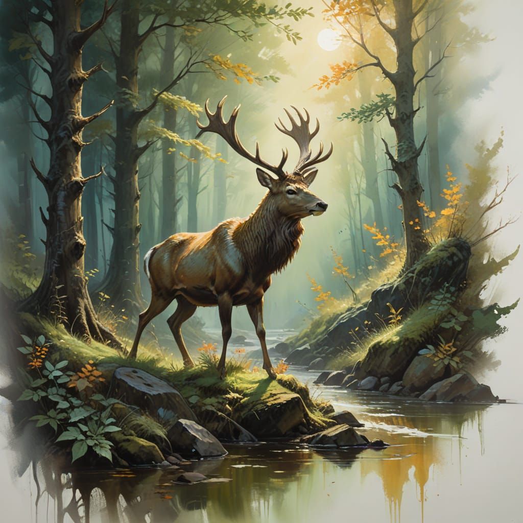 Stag in Autumn Forest as Impasto Painting