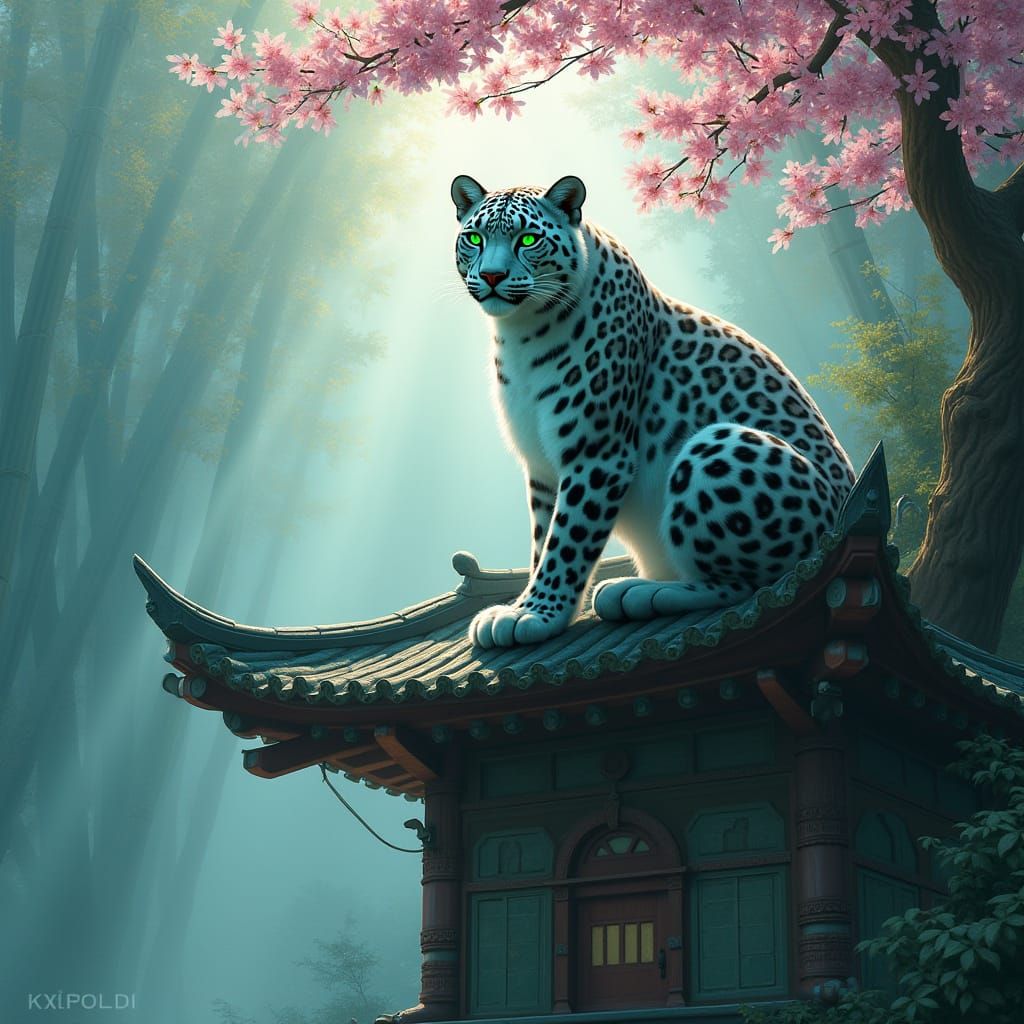 Majestic Snow Leopard in Ancient Pagoda Landscape
