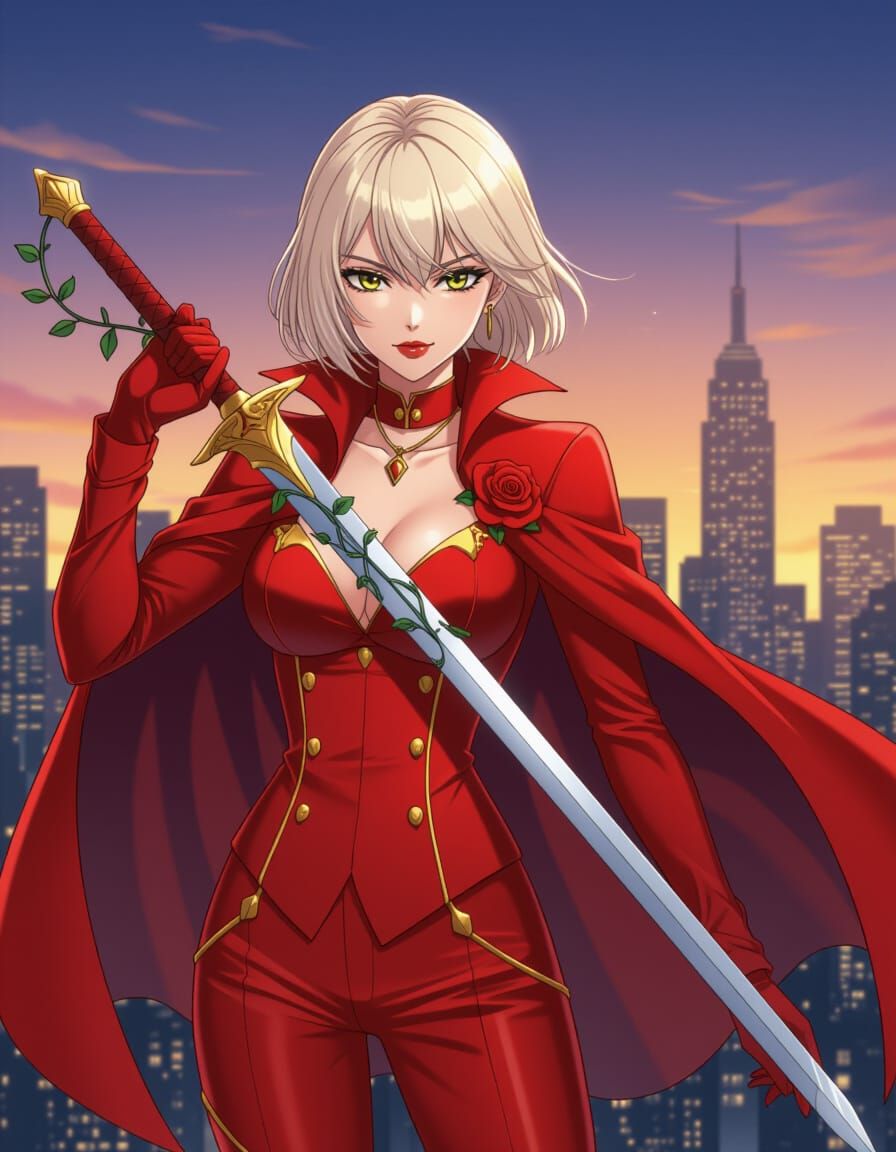 Elegant Woman with Rose Tattoo in Anime Style