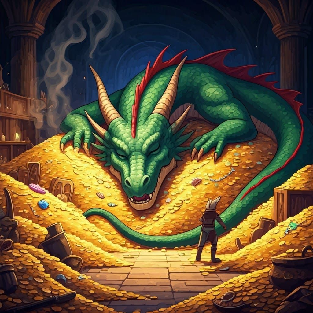 Green Dragon Snoozing in Treasure Room, Anime Style