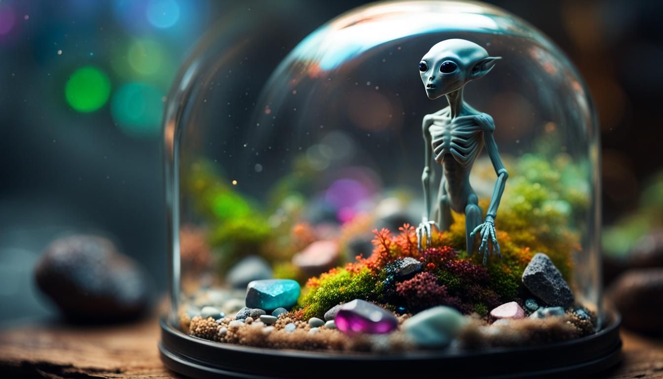 Gray Alien in Terrarium, Tilt-Shift Illustration