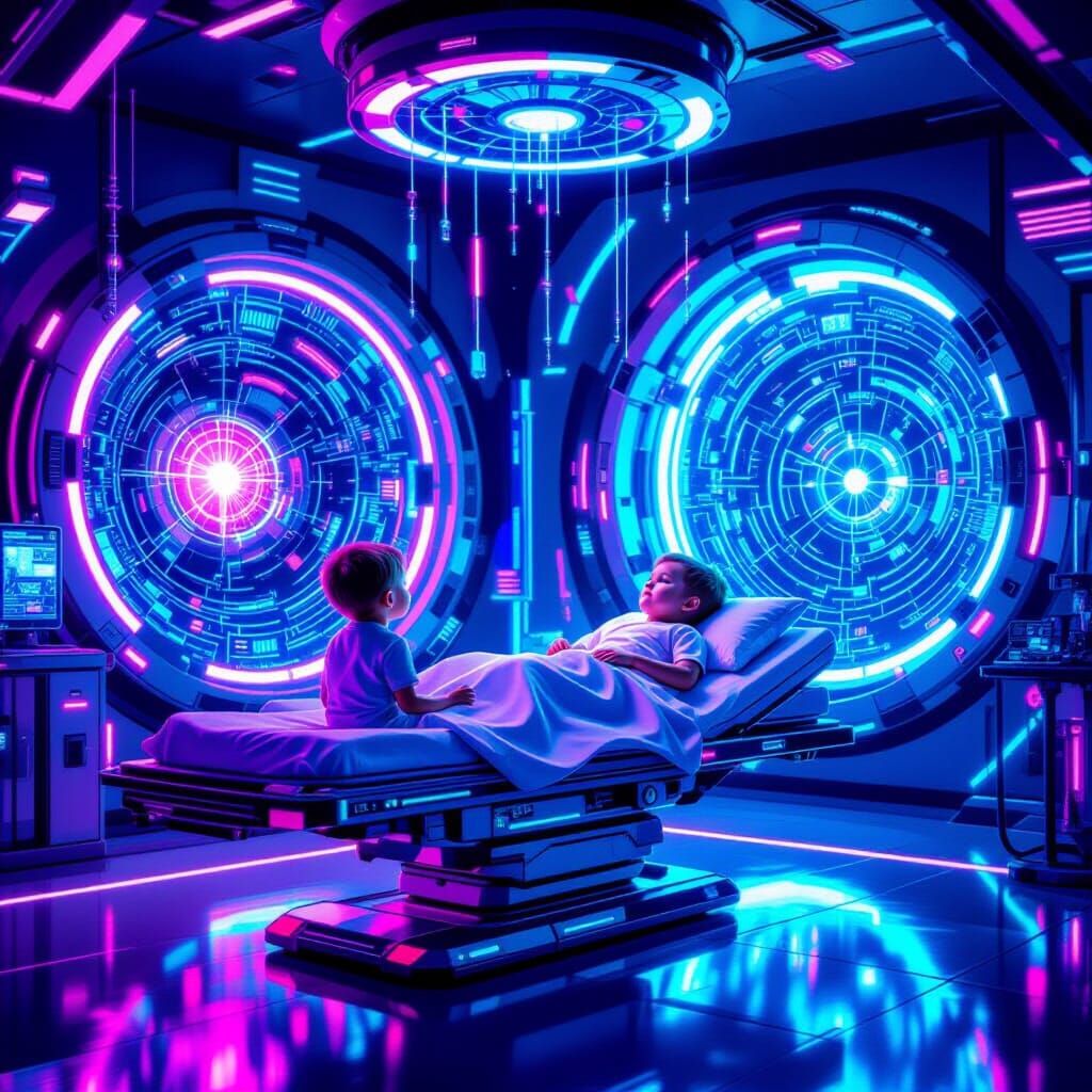 A child in a futuristic medical bay, receiving advanced nani...