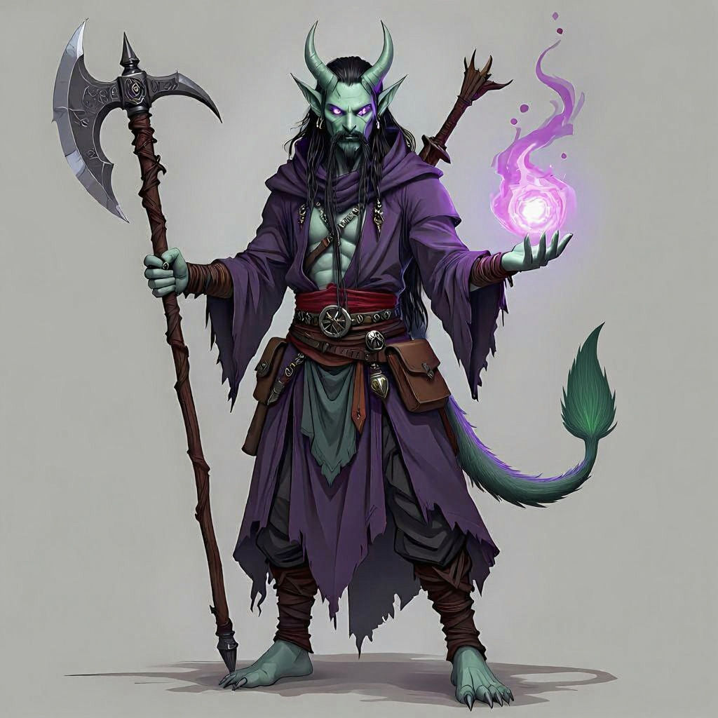 Tiefling Half-Orc Wizard Casting Necromancy Spell
