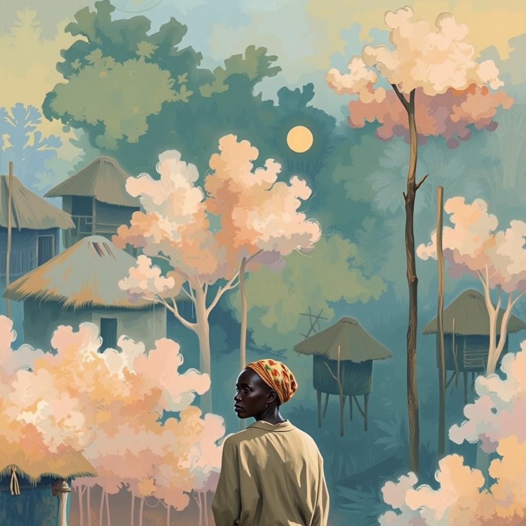 Nigerian Village Sunset Inspired by African Art