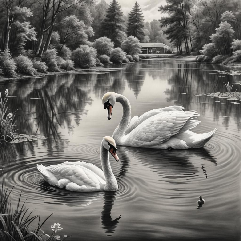 Swan Swimming in Lake: Detailed Charcoal Drawing