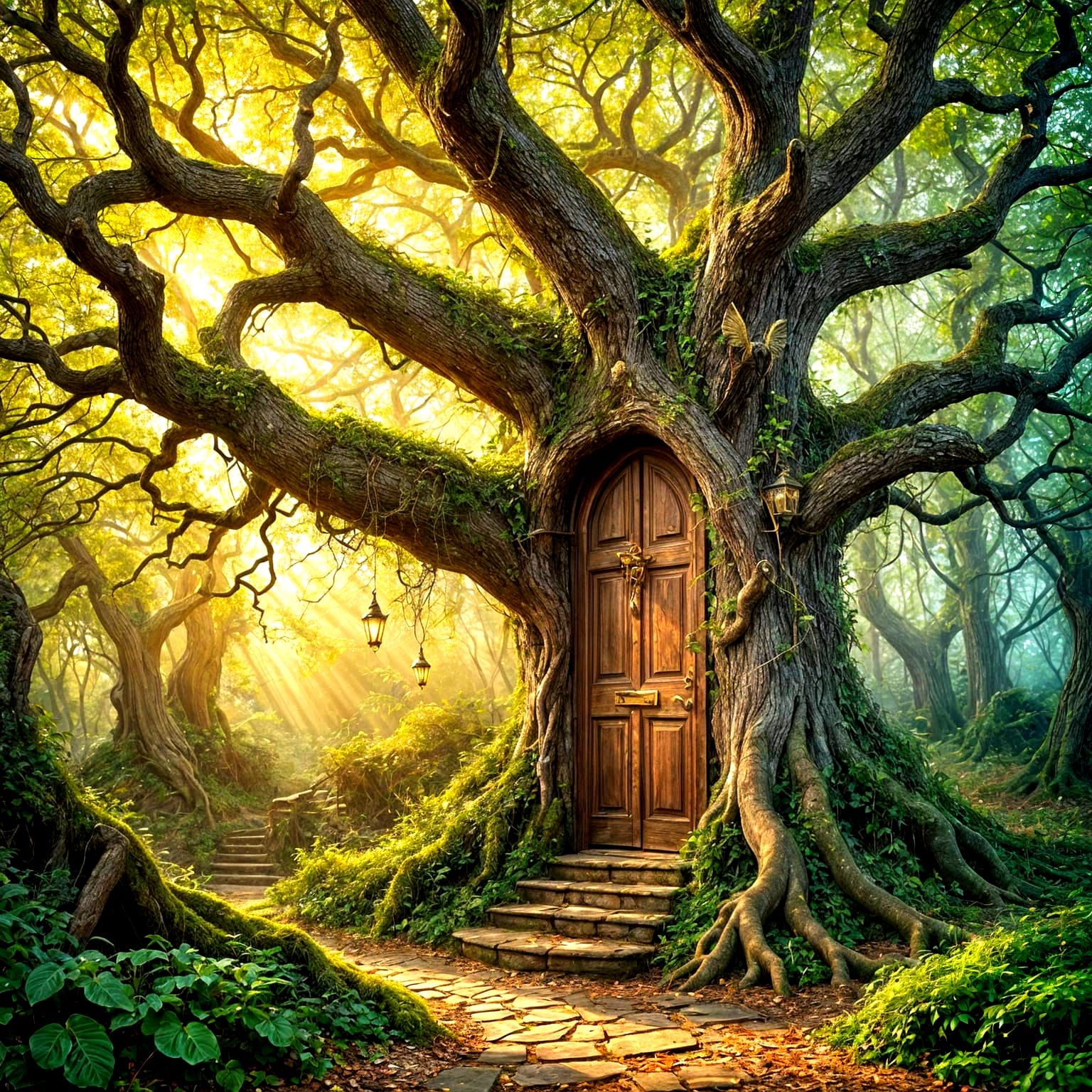Enchanted Forest: Tree with Door in Golden Light
