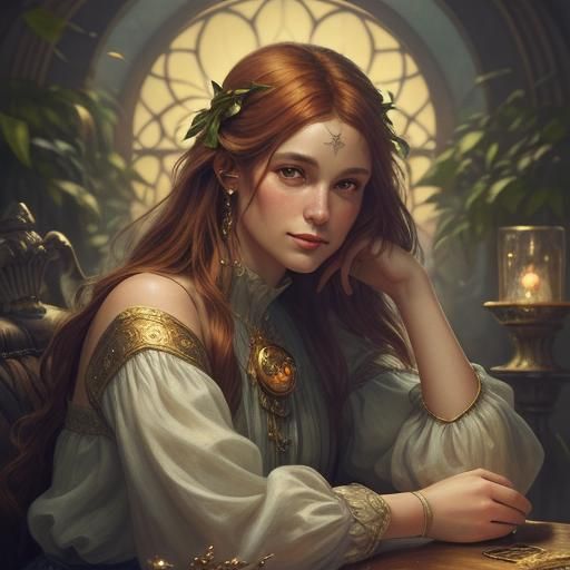 Cozy Fireplace Portrait in Art Nouveau Style