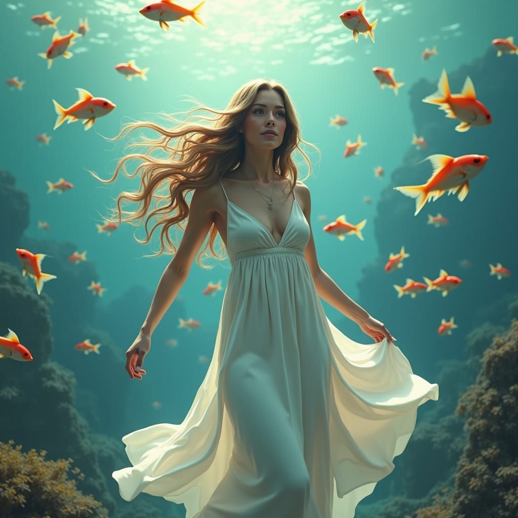 Woman Surrounded by Fish in Dreamy Underwater Scene