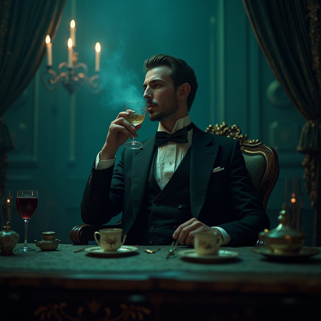 Refined Gentleman Sips Absinthe in Enchanted 19th-Century Sa...