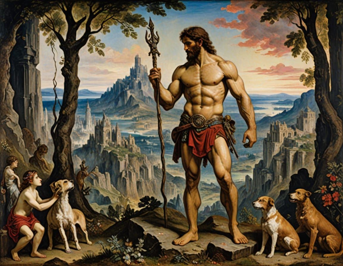 Hercules with his hounds ready to go hunting