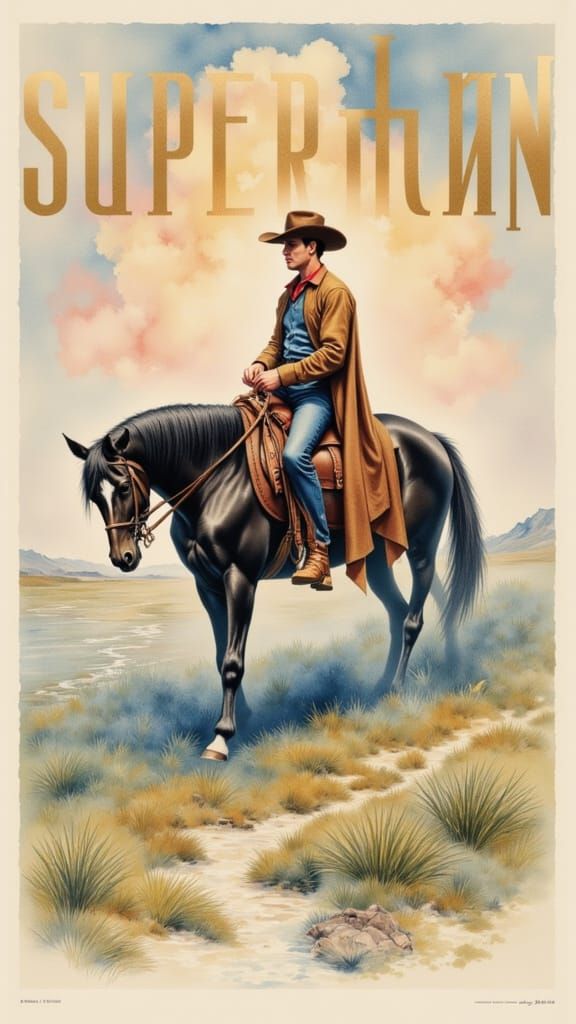 Superman Cowboy Riding Black Stallion on Prairie