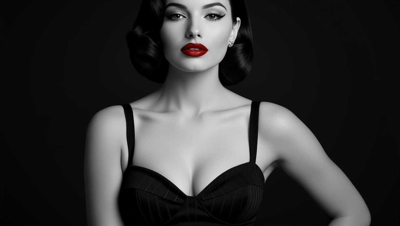 Timeless Monochrome Fashion Icon with Bold Red Lips