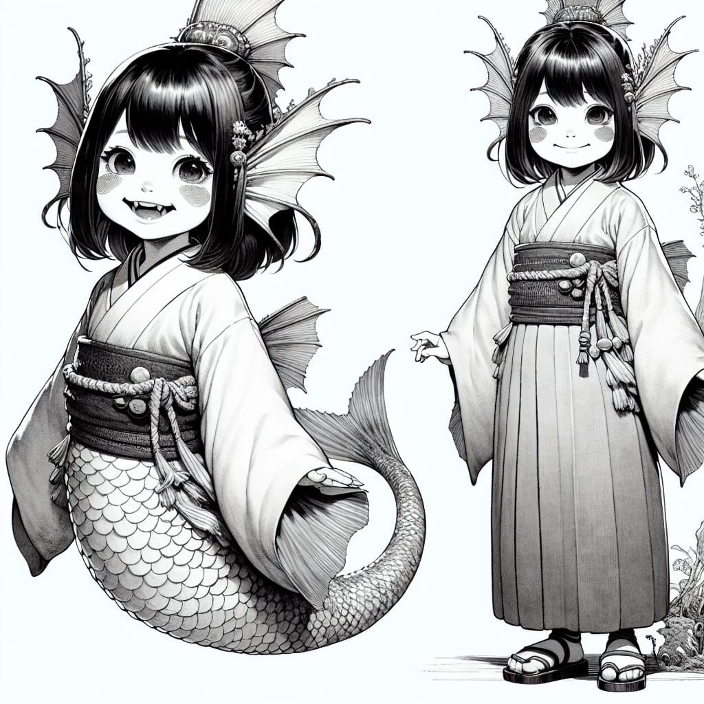 Smiling Ekai Girl with Fish Features in Japanese Attire