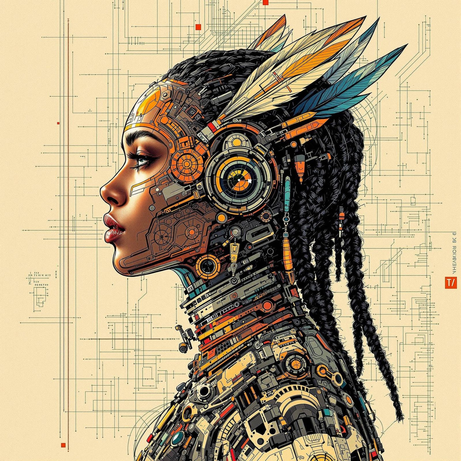 Futuristic Human Profile Blends Tech and Tribal Art