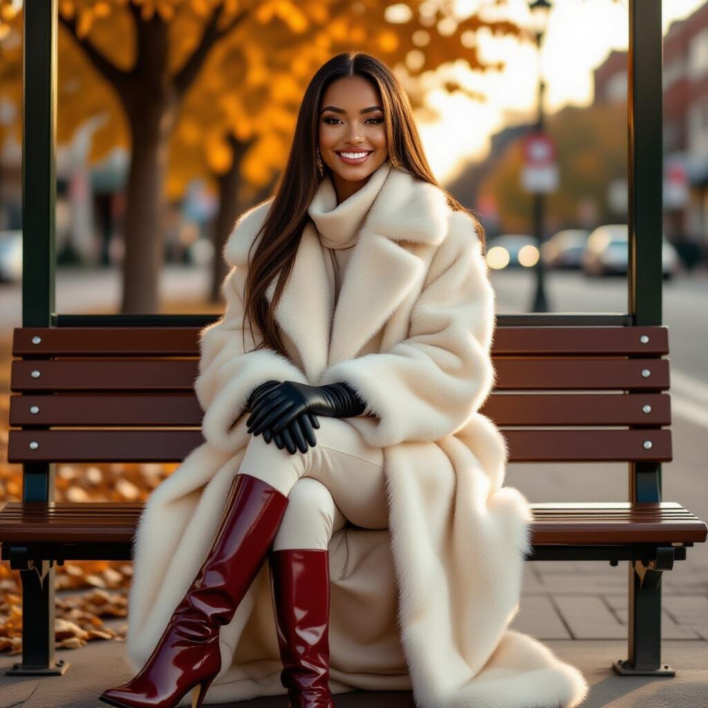 Radiant Mulatto Woman in Autumn Bus Stop Portrait