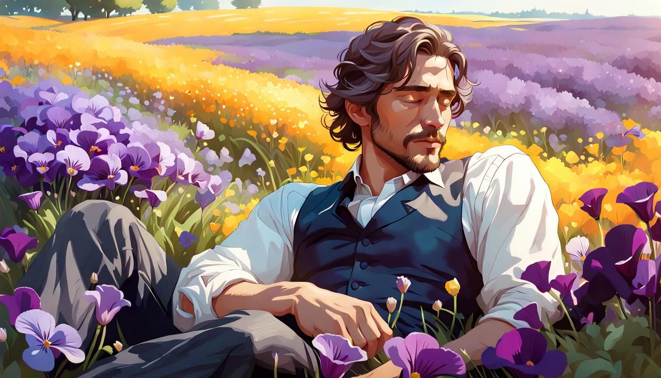 Man Sleeping in Viola Field: Hyperdetailed Concept Art
