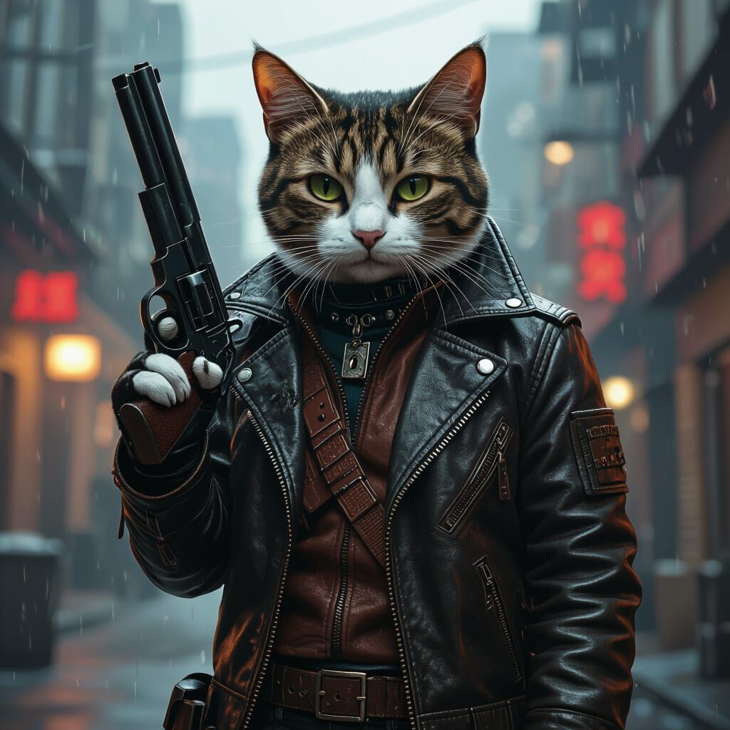 Cyberpunk Cat: Noir Style with Vintage Revolver