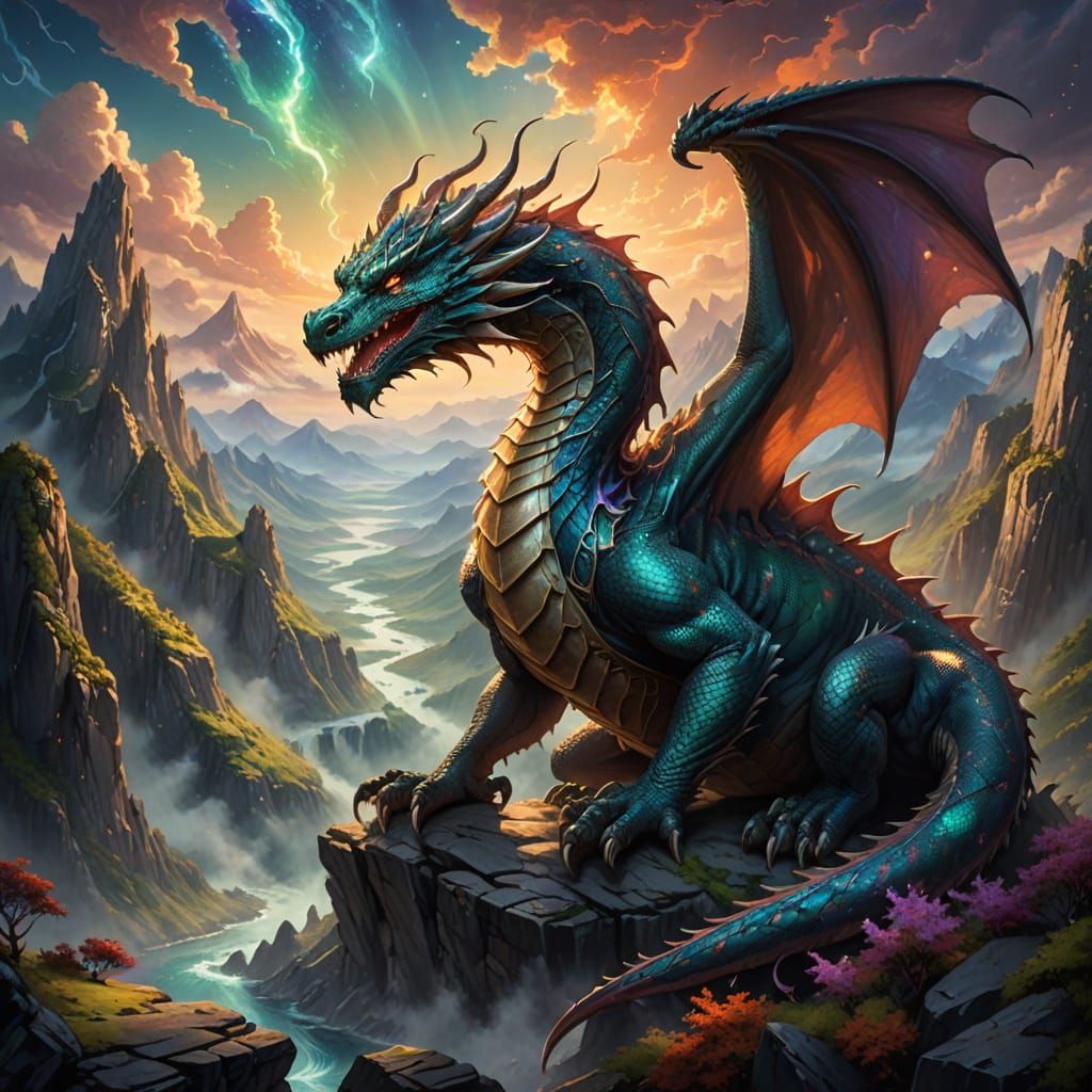 Majestic Dragon Coiled on Mountain Peak in Ethereal Sky