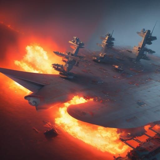 Burning Aircraft Carrier: Detailed Matte Painting