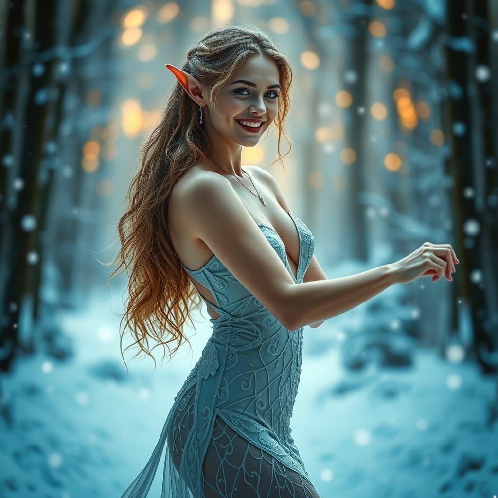 Hyperrealistic Elf Woman Dancing in Snowy Forest