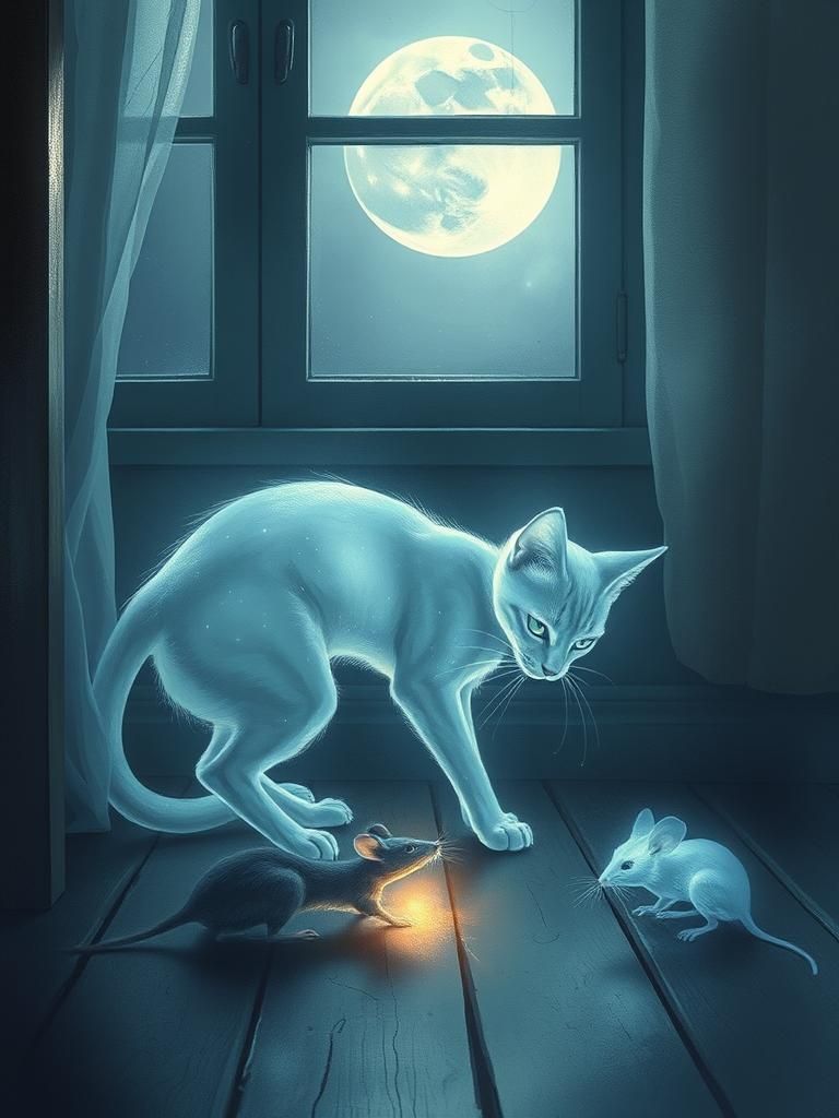 Ethereal Cat and Ghost Mouse in Moonlight