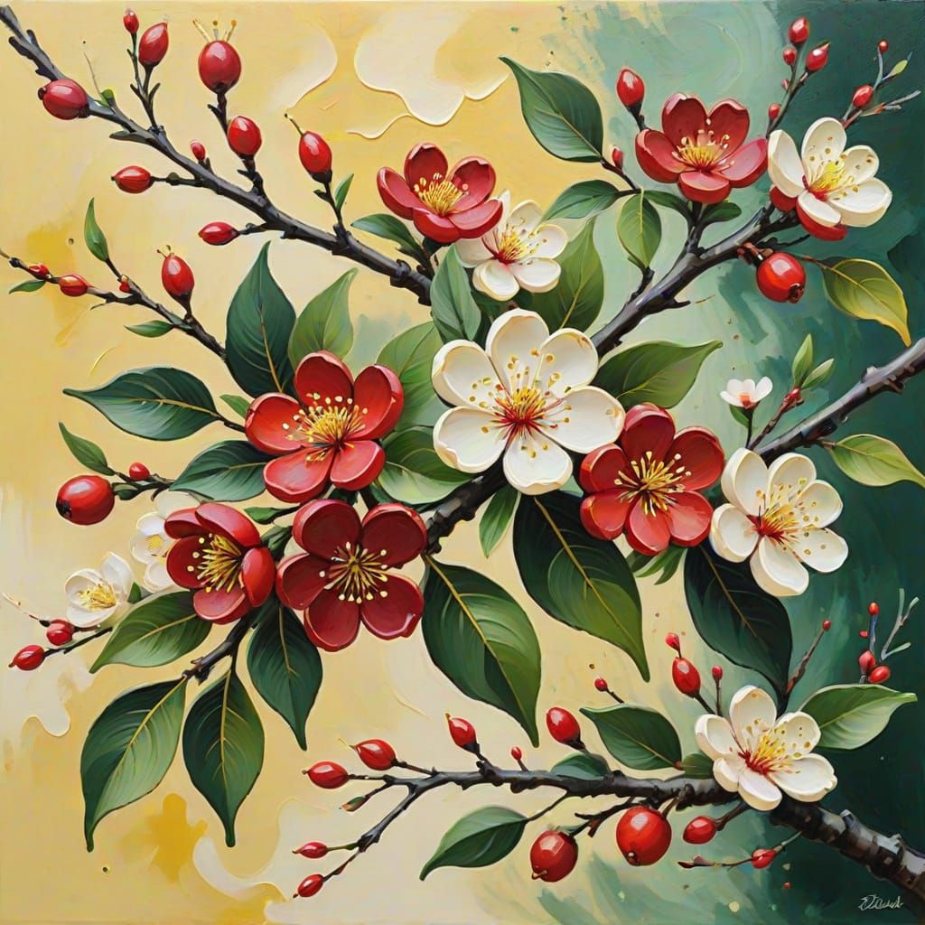 Vibrant Red Plum Blossoms in Acrylic
