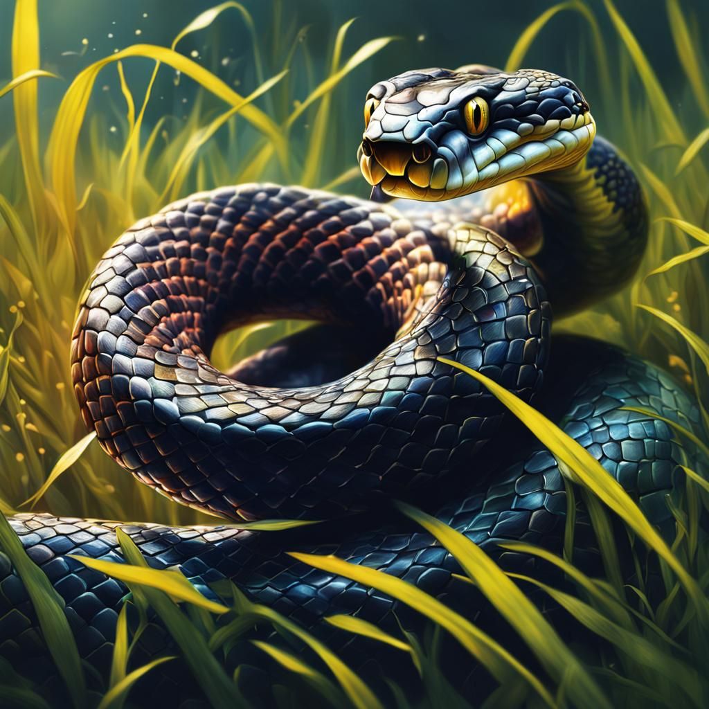 Hyperrealistic Snake in Grass Splash Art