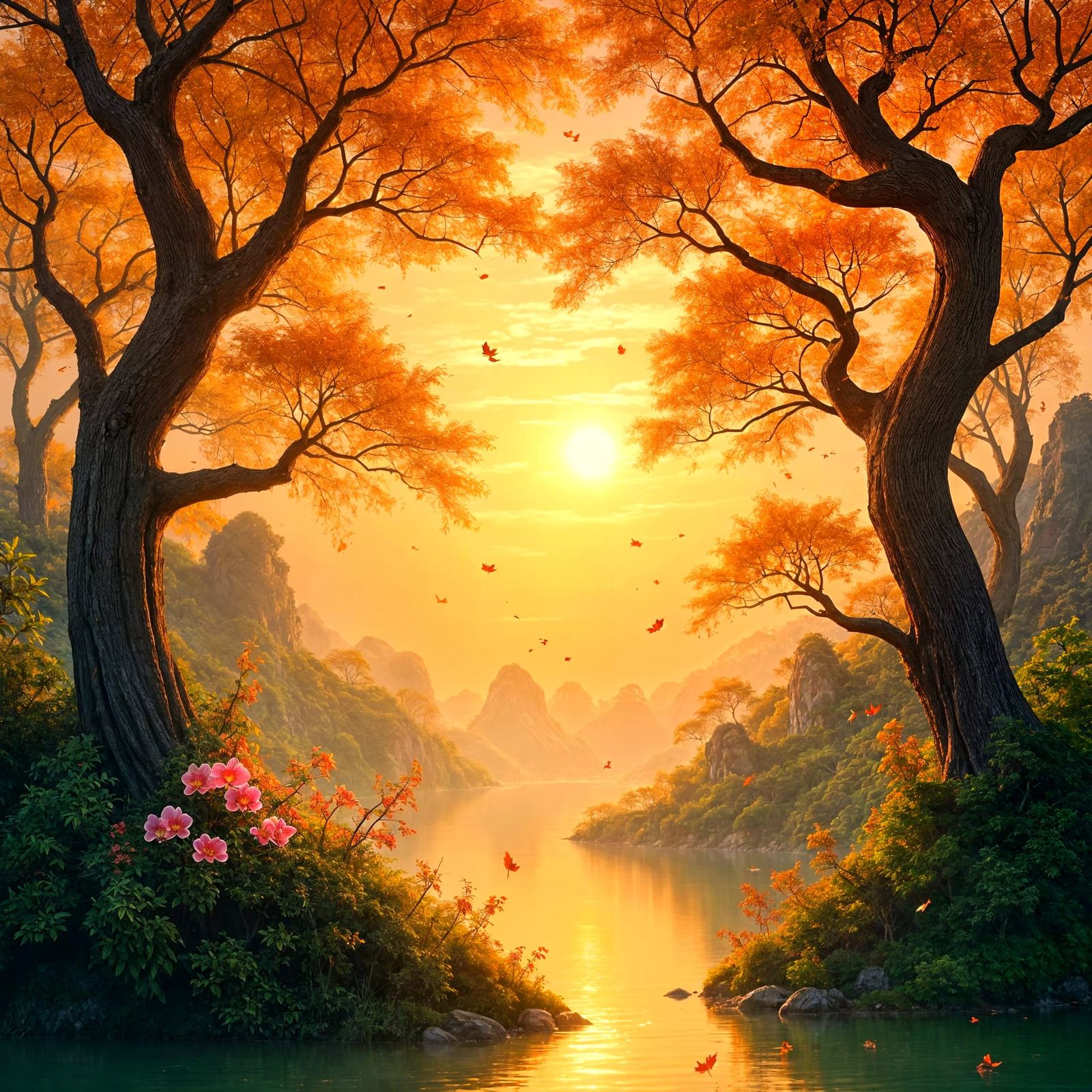 Sunset Through Trees: Chinese Digital Matte Art