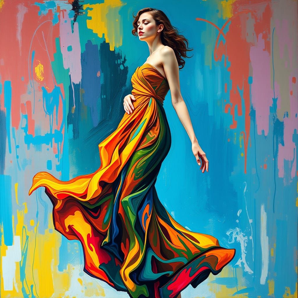 Woman Merging with Abstract Expressionist Painting