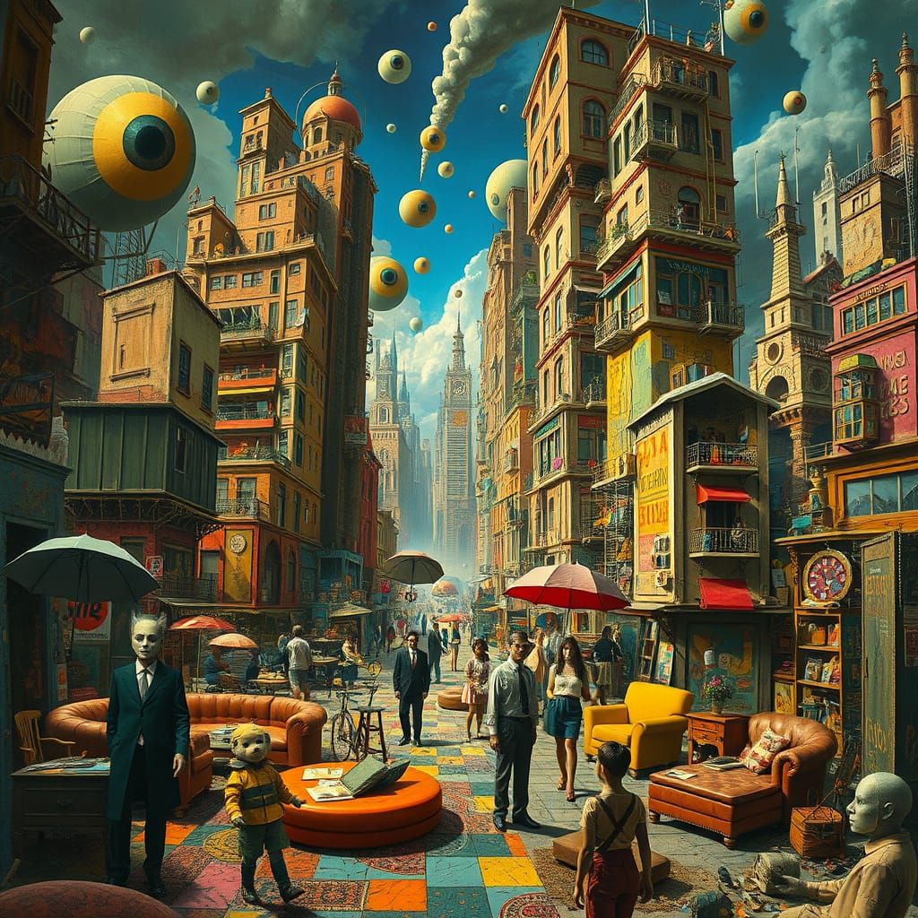 Surreal Cyberpunk Cityscape with Chaotic Architecture