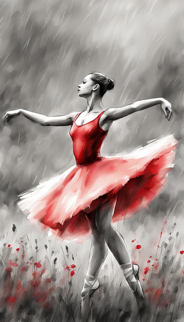 Ballerina Dancing in the Rain: Watercolor Illustration