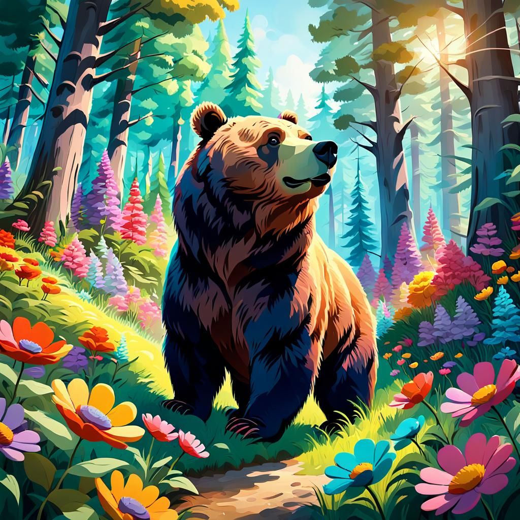 Bear in Floral Glade: Disney-Inspired 3D Animation